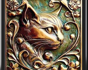 Cat 1 Jewelry Box, Art Deco, 6x6 Ornate Art Nouveau 1930 Style, Bronze Cat 3, Art On Glossy Wood,  Decorative Ceramic Tile Top, Unique Gift
