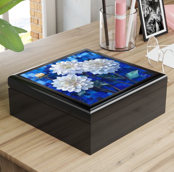 Dahlias on Blue, Jewelry Box, Keepsake Box - wood & ceramic tile top - vintage art deco - 6" x 6", great gift for her,gift for Mom