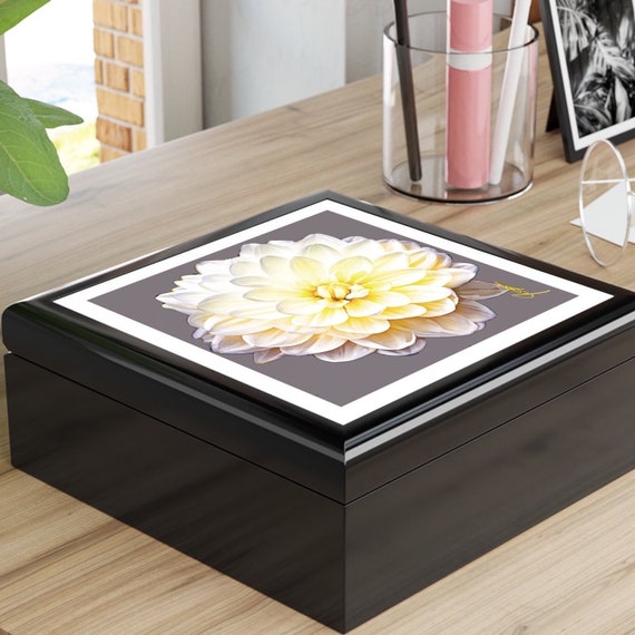 Dahlia White Jewelry Box, Keepsake Box - wood & ceramic tile top - vintage art deco - 6" x 6", great gift for her,gift for bride,gift for Mo