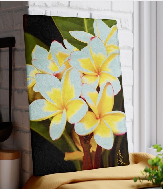 Plumeria Flower Glass Cutting Board, Peacock Art Countertop Board, Beautiful Breakfast Bread Board, Painting Makes A Great Host Hostess Gift