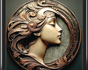 Art Nouveau Jewelry Box, Art Deco, Ornate 1930 Style, Bronze color Woman 3, 3 colors wood, vintage art painting, Ceramic Top, velvet lined