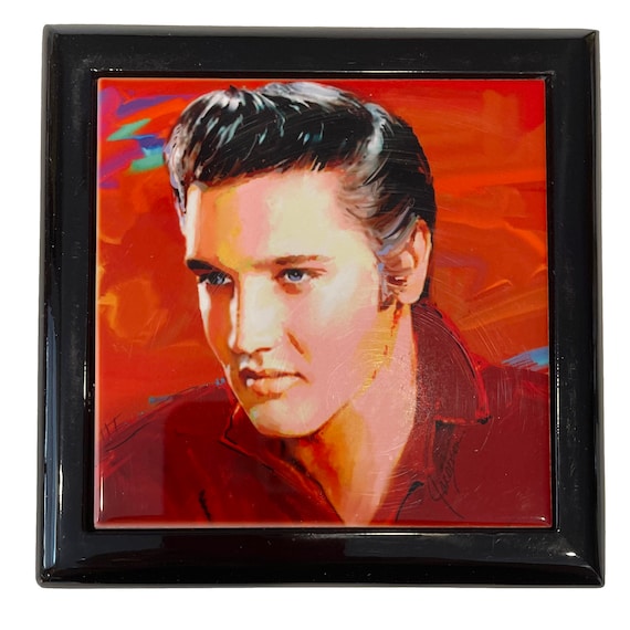 Elvis Presley Wooden Jewelry Box. Keepsake and Trinket box is a unique gift. Box in 2 Sizes with glossy ceramic tile lid.