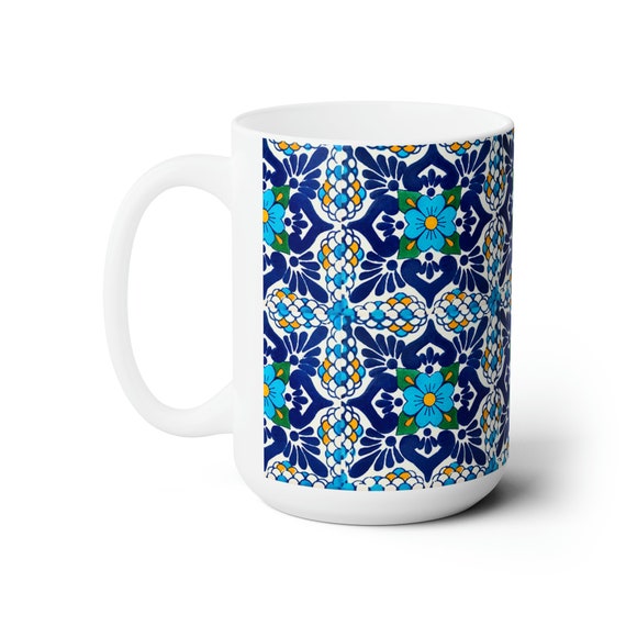 Talavera Tile Blue coffee mug,  15oz. Ceramic mug is dishwasher and microwave safe. Spain and Mexico home  Decor. Gift for her FREE SHIPPING