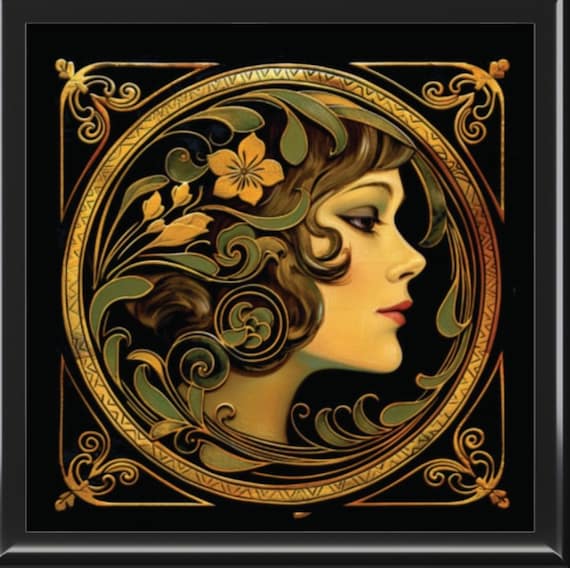 Art Nouveau Jewelry Box, Art Deco, Ornate 1920 Style, Design Woman 1, Art On Ebony Glossy Wood, Decorative Ceramic Tile Top, Unique Gift