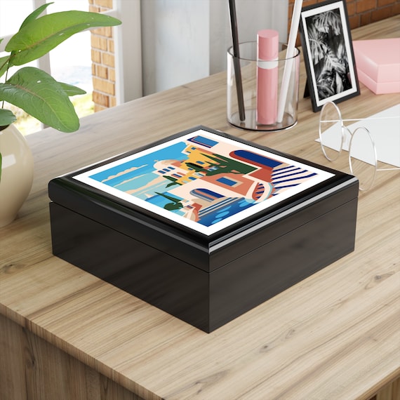 Santorini Jewelry Box, Keepsake Box - wood & ceramic tile top - vintage art deco - 6" x 6", great gift for her,gift for bride,gift for Mom
