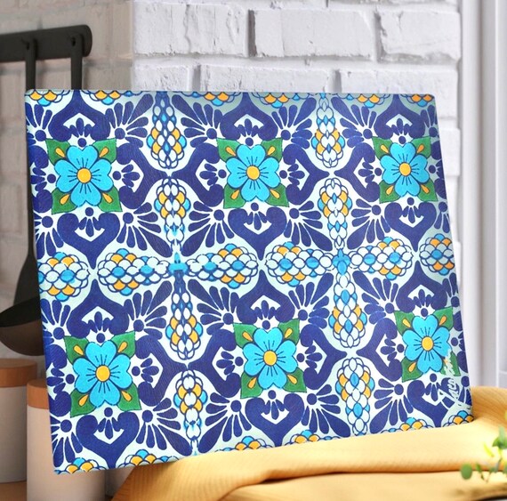 Talavera Tile Art Glass Cutting Board, Mexican Tile Decor Serving Tray, Modern Kitchen Functional Gift, Makes A Great Host And Hostess Gift