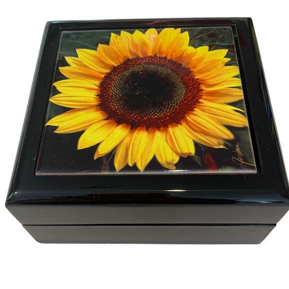 Sunflower Jewelry Box. Wooden Keepsake and Trinket box. Unique gift in 2 Sizes with glossy ceramic tile lid
