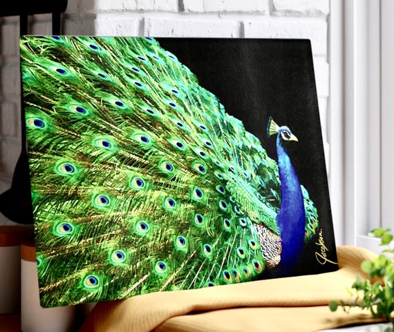 Peacock Feathers Glass Cutting Board, Colorful Modern Functional Kitchen Gift, Beautiful Breakfast Bread Board, A Unique Host Hostess Gift