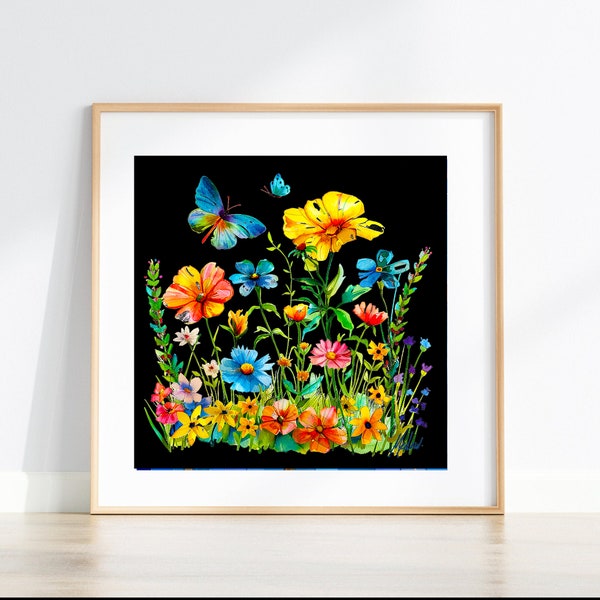 Wildflower Watercolor Wall Art Print, Wildflower Field on Black Wall Poster For Gallery, Ships Rolled In Tube, 6 Square Sizes Ready To Frame