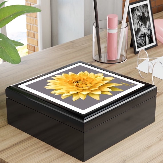 Dahlia Jewelry Box, Keepsake Box - wood & ceramic tile top - vintage art deco - 6" x 6", great gift for her,gift for bride,gift for Mom