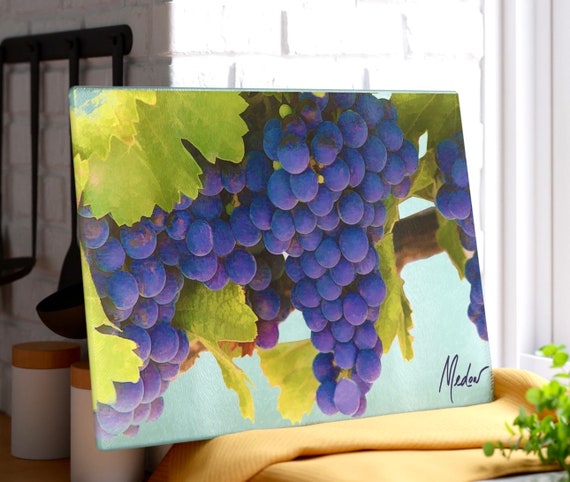 Merlot Grape Glass Cutting Board, Modern Kitchen Functional Gift, Serve Slice Cut And Dice Glass Cutting Board, Gift For Host And Hostess.