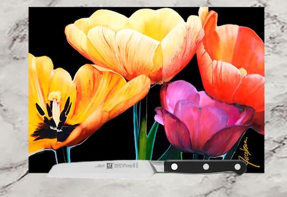 Great housewarming gift is cutting board with Tulips painting. Use as a serving tray, cheese and bread board