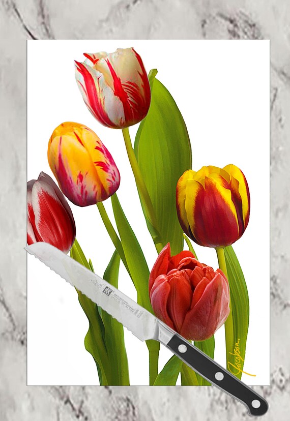 Housewarming gift Parrot Tulip flowers cutting board. Use as serving tray, cheese board and charcuterie board