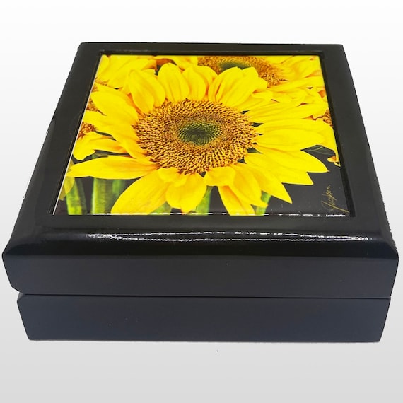 Sunflower Bouquet Ebony Wooden Jewelry Box. Keepsake Trinket storage organizer. Unique gift in 2 Sizes with glossy ceramic tile lid.