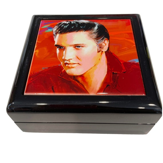Elvis Presley Red. Wooden Jewelry Box. Keepsake and Trinket box. Box in 2 Sizes with glossy ceramic tile lid.