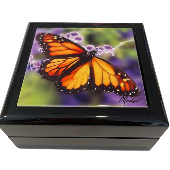 Monarch Butterfly Wooden Jewelry Box. Keepsake Trinket storage organizer. Unique gift in 2 Sizes with glossy ceramic tile lid.