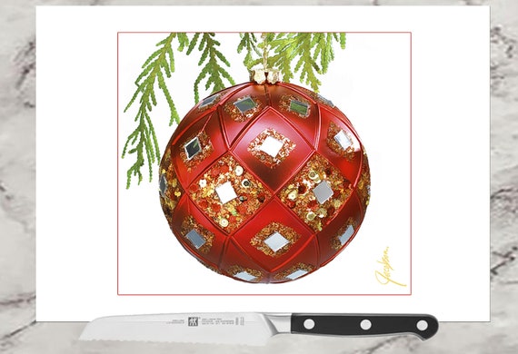 Red Ornament Christmas Decor Glass Cutting Board. Holiday Decor Serving Platter to Cut, Serve, and Display