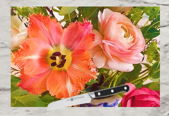 Lily and Peony Flowers cutting board. Use as a serving tray, cheese board and charcuterie board.