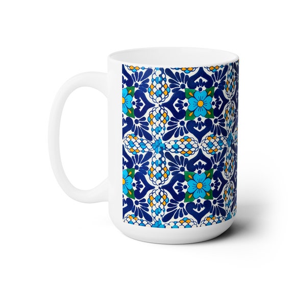 Talavera Tile Coffee Mug 15oz. Blue Ceramic Mug Is Dishwasher And Microwave Safe. Talavera Decor Accent, Large C Handle,  FREE SHIPPING
