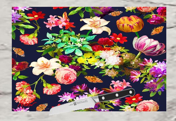 Boho Decor Flowers Black, cutting board. Use as a serving tray, cheese board and charcuterie board.