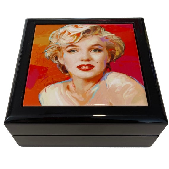 Marilyn Monroe Wooden Jewelry Box. Keepsake and Trinket box. Unique gift in 2 Sizes with glossy ceramic tile lid.