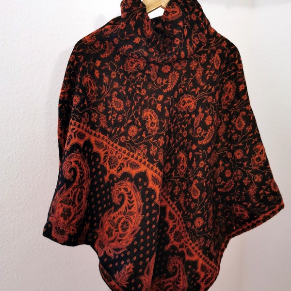 Warm poncho ZORA with paisley pattern, rusty red / dark brown, reversible poncho