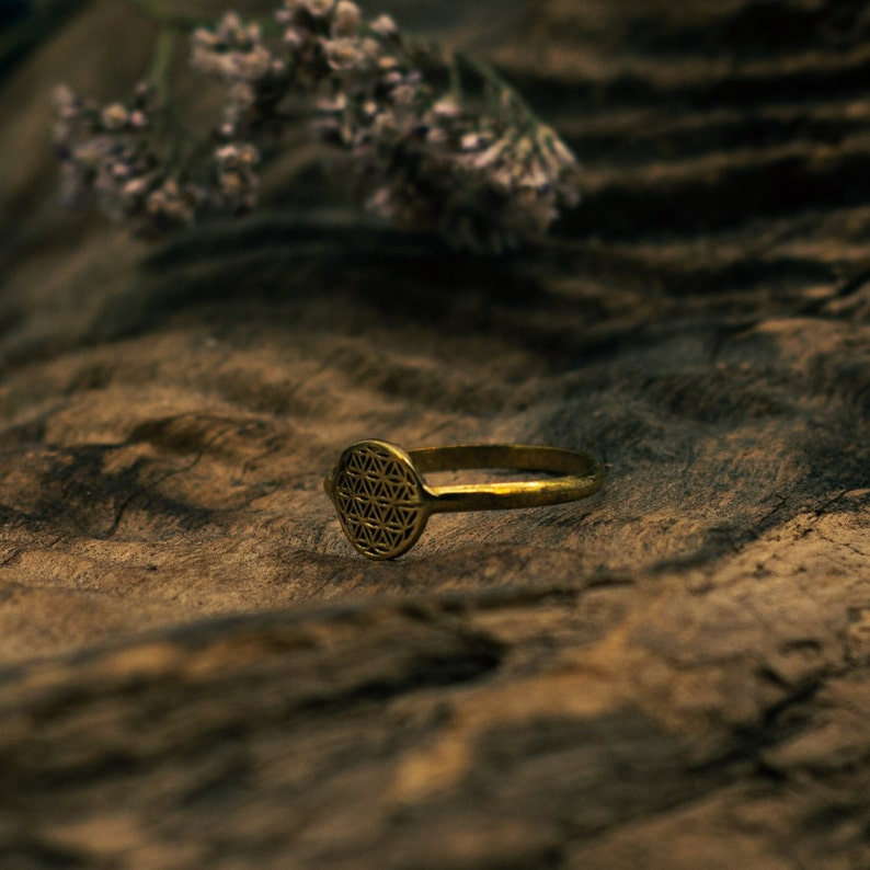 Op de afbeelding: Een goudkleurige ring met een cirkelvormig, geometrisch patroon, mogelijk de Flower of Life. De ring ligt op een getextureerd houten oppervlak, met gedroogde bloemen op de achtergrond. Het ontwerp van de ring is een opvallend kenmerk.