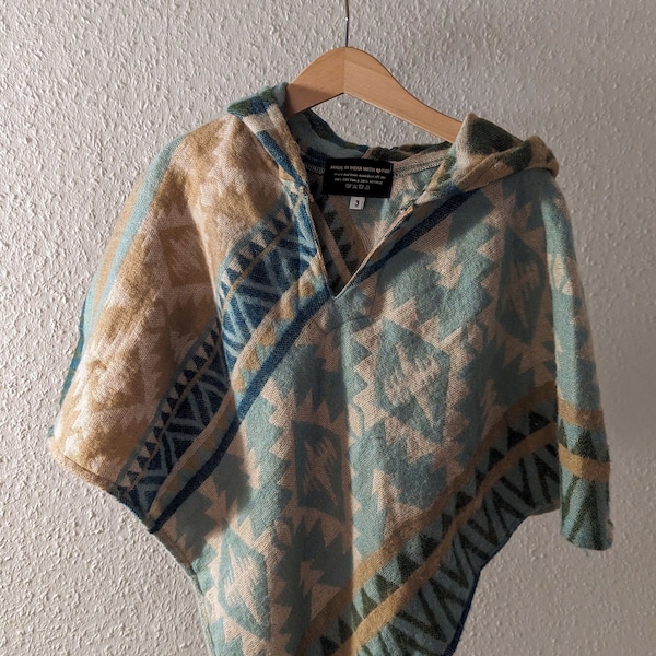 Kinderponcho mit Kapuze, blau/beige