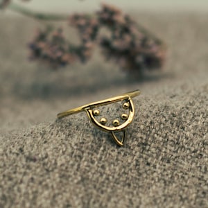 Puede incluir: Un delicado anillo dorado con un diseño único. El anillo tiene una banda delgada y un elemento decorativo con forma de semicírculo, adornado con pequeñas esferas espaciadas. Una pequeña forma triangular está en la parte inferior del semicírculo.