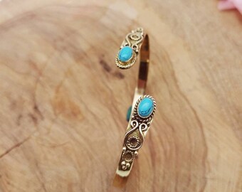 Bracelet Vintage En Laiton Et Turquoise - XXème Siècle - Très Bon état