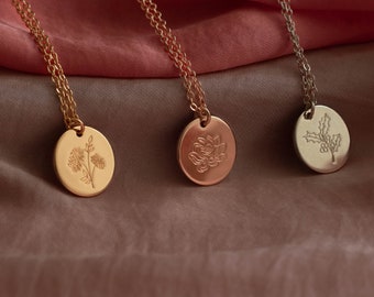 Personligt halsband med graverad blomma, födelseblommahalsband, månadsblomma