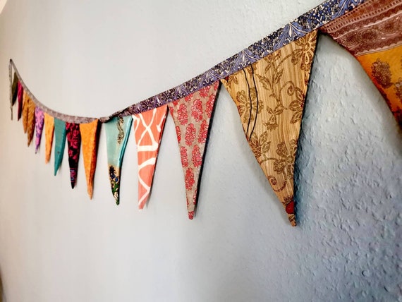 Wimpelkette aus recycelten Saristoffen, für drinnen und draußen, bunte Girlande für Geburtstage und Feiern, verschiedene Längen