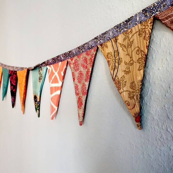 Colorful bunting made from recycled saris, indoor and outdoor, colorful decorative garland