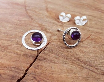 Silver earrings circle with amethyst