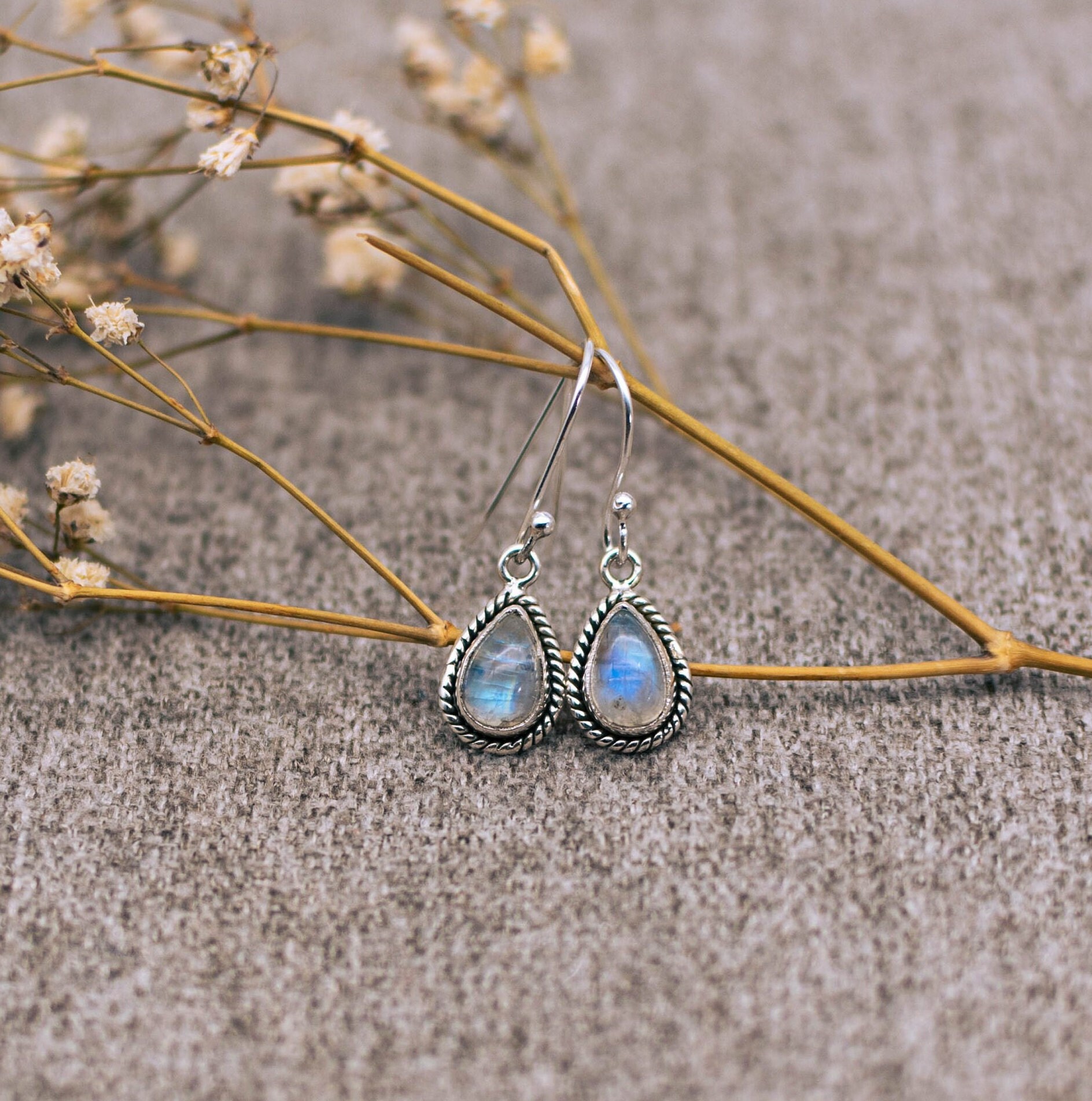 Silver earring with gemstone moonstone, hanging earring