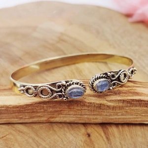 Golden bangle with genuine moonstones, brass bangle, adjustable