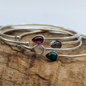 Silver bangle, stacking bangle with gemstone, 925 sterling silver