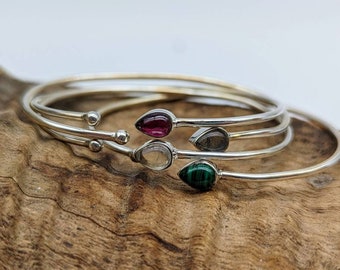 Silver bangle "GEM DROP" with gemstone drop, 925 sterling silver | delicate stackable bangle for women, minimalist boho bangle