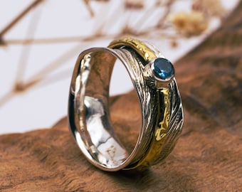 "Saphira" spinning ring with gemstone in 925 sterling silver | Boho wish ring with blue stone