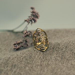 Könnte beinhalten: Ein goldfarbener Ring mit geometrischem Design. Der Ring ist aus Metall gefertigt und hat ein filigranes, kompliziertes Muster.