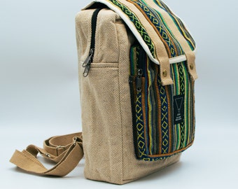 Small city backpack made of hemp, vegan | handmade mini backpack (approx. 30 x 23 cm) with ethnic pattern, everyday bag for women & men