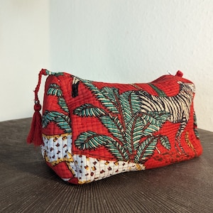 Borsa cosmetica con stampa a blocchi di cotone PIA, borsa da toilette, borsa cosmetica 22 x 19 x 12 cm