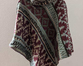 Poncho Boho Ethno FINN, lichtblauw/wijnrood/beige