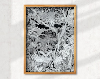 Fine art art print, 20 x 20 cm, "Monkey's Tree", wall decoration, black and white drawing, monkey, jungle illustration, wall art