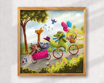 Fine art art print, 20 x 20 cm, "Party Animals", pictures for children's rooms, wall decoration, gift idea for children, animals, animals, wall art