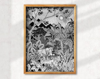 Fine art art print, 20 x 20 cm, "Giraffe and Elephant", wall decoration, wall art, black and white drawing, giraffe, elephant, jungle illustration