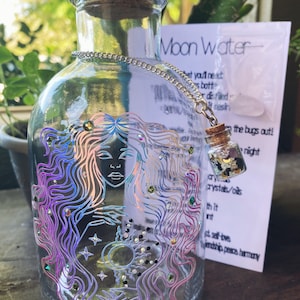 Moon water jar with cork and crystal, moon water bottle kit, full moon ritual spell, herbs, potions, magick,