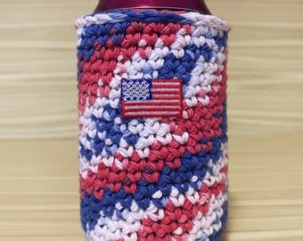 Merica Crocheted Can Cooler. America Insulated drink holder. 4th of July. Patriotic Beverage Holder.  Set of 4