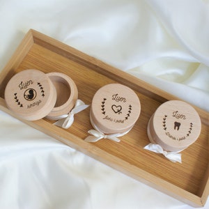 Caja de madera personalizada grabada para bebé primer pelo, cordón umbilical y recuerdo de diente de leche 3uds