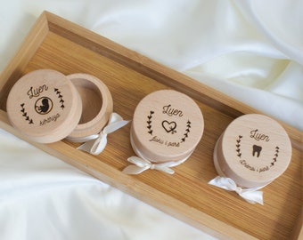 personalized engraved wooden box for babies first hair , umbilical cord and milktooth keepsake 3pcs